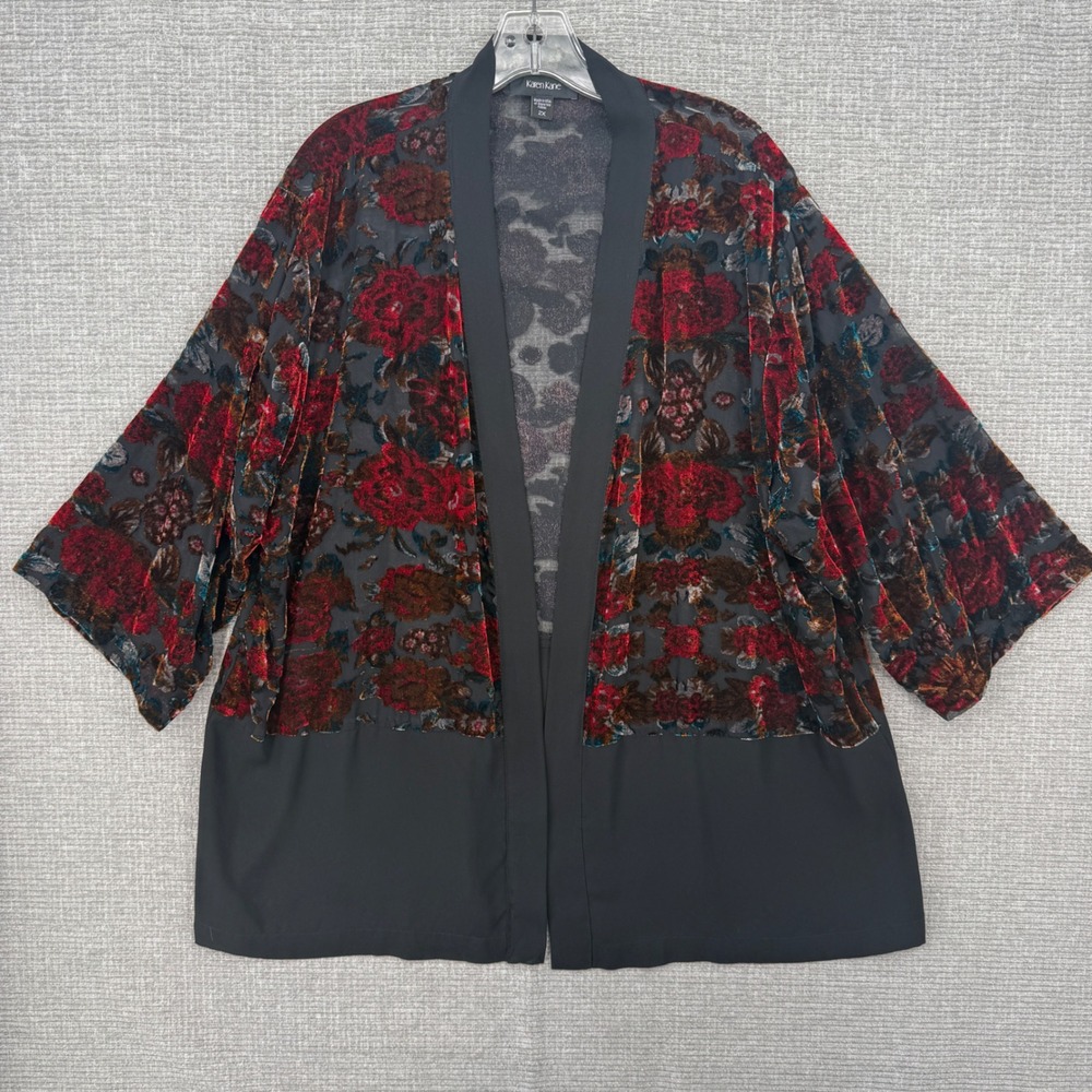 Karen Kane Floral Velvet Burnout Kimono Cardigan Women 2X Red Black Sheer Goth